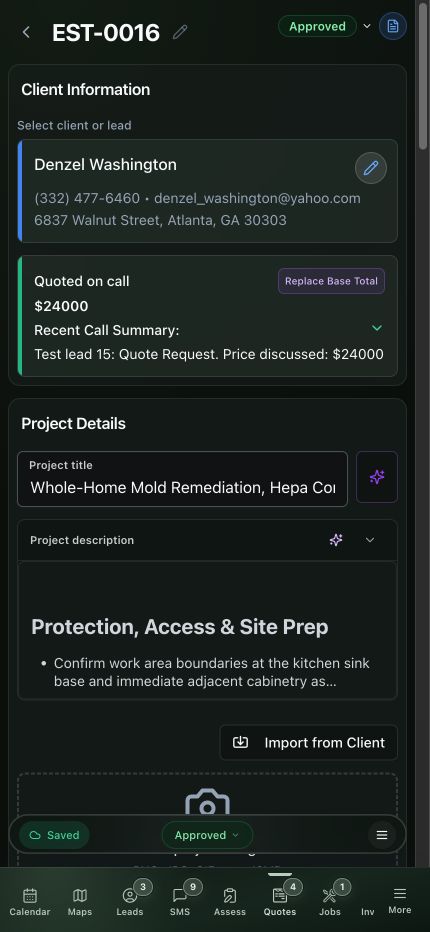 Current generic quote editor with the quoted-on-call price, reviewed call summary, and generated detailed scope