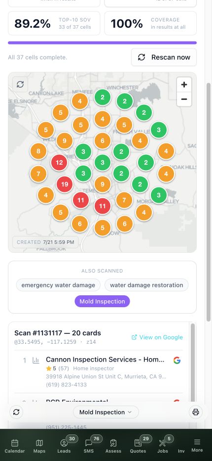 Current mobile local rank grid with top-three share of voice, coverage, mapped search positions, scanned terms, and competitor results
