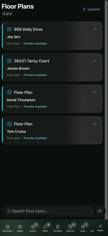 Current mobile floor-plan list with job address and plan status