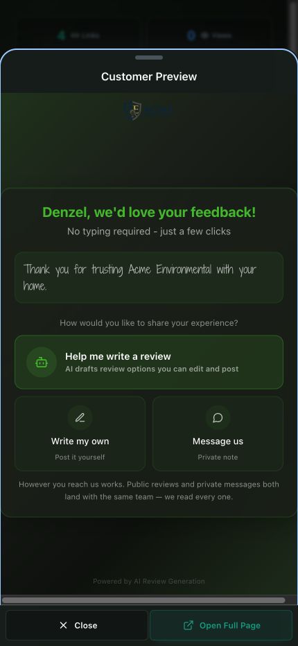 Current generic customer review preview offering AI-assisted review drafts, write-my-own, and private-message choices