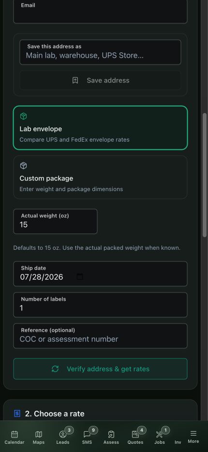 Current mobile shipping workflow offering a lab envelope or custom package with weight, ship date, and label count