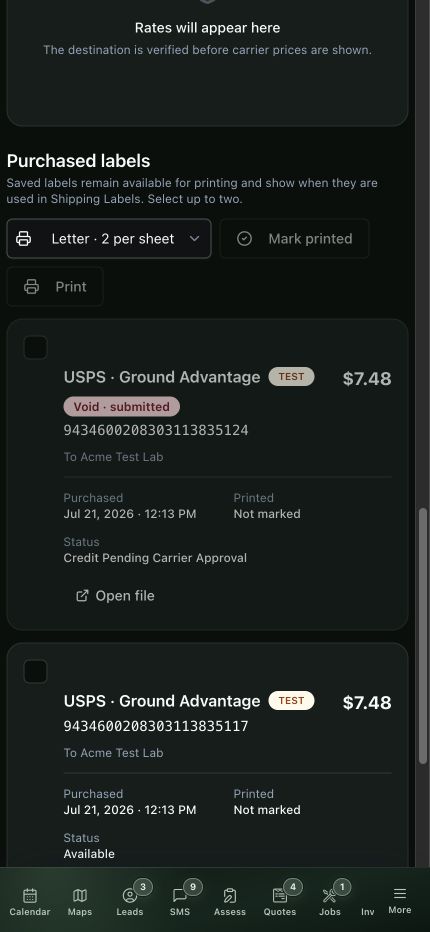 Current mobile purchased-label history with generic carrier, rate, price, laboratory, printing, and carrier-credit details