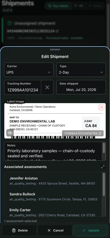 Current mobile shipment editor populated with a generic carrier label, tracking number, notes, ship date, and associated assessments