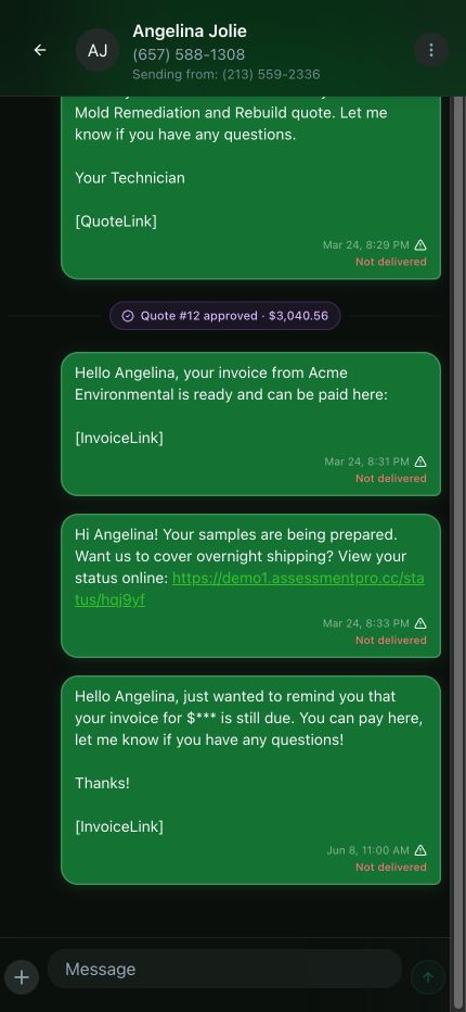 Current generic mobile conversation showing quote approval, invoice delivery, shipment status, and invoice reminder