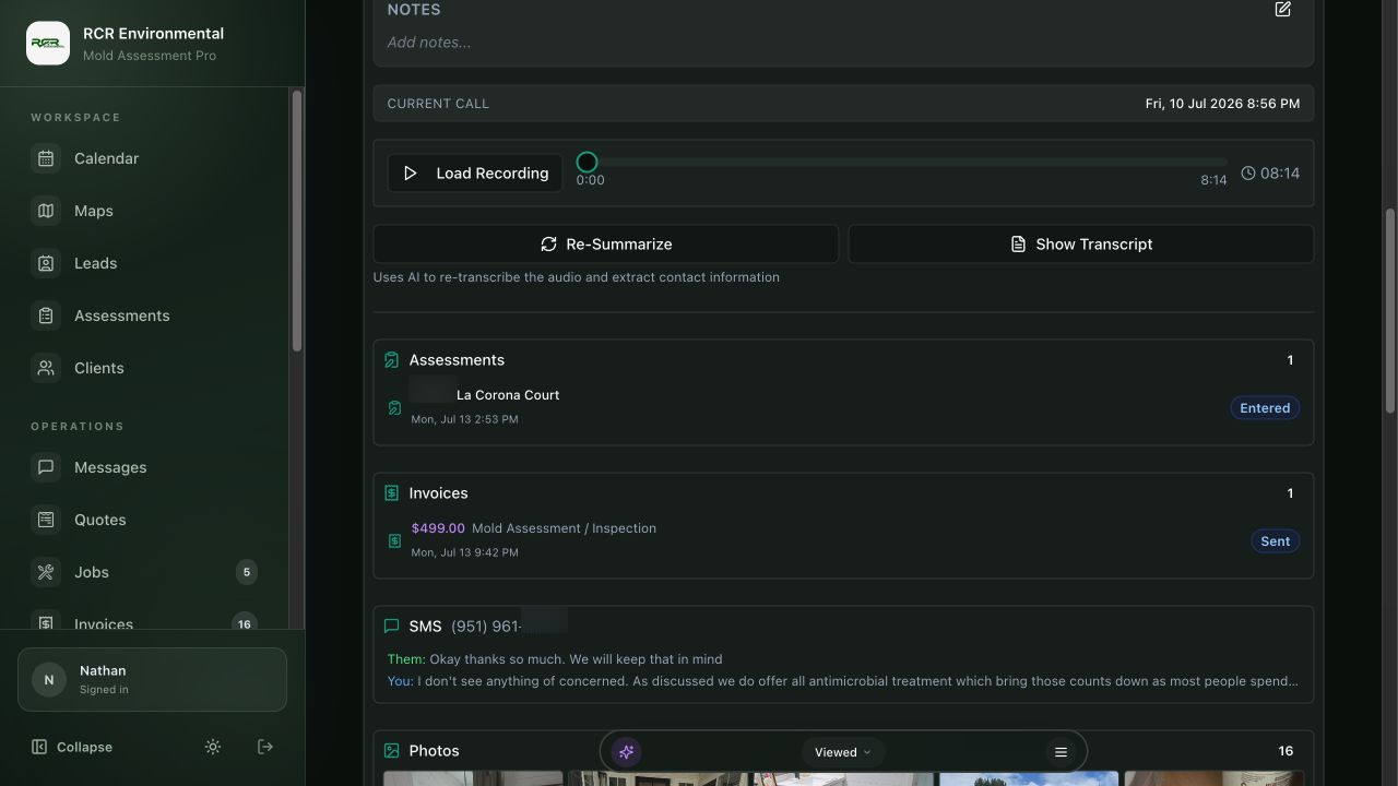 A current Mold Inspector lead record connecting a call recording with an assessment, invoice, messages, and photos