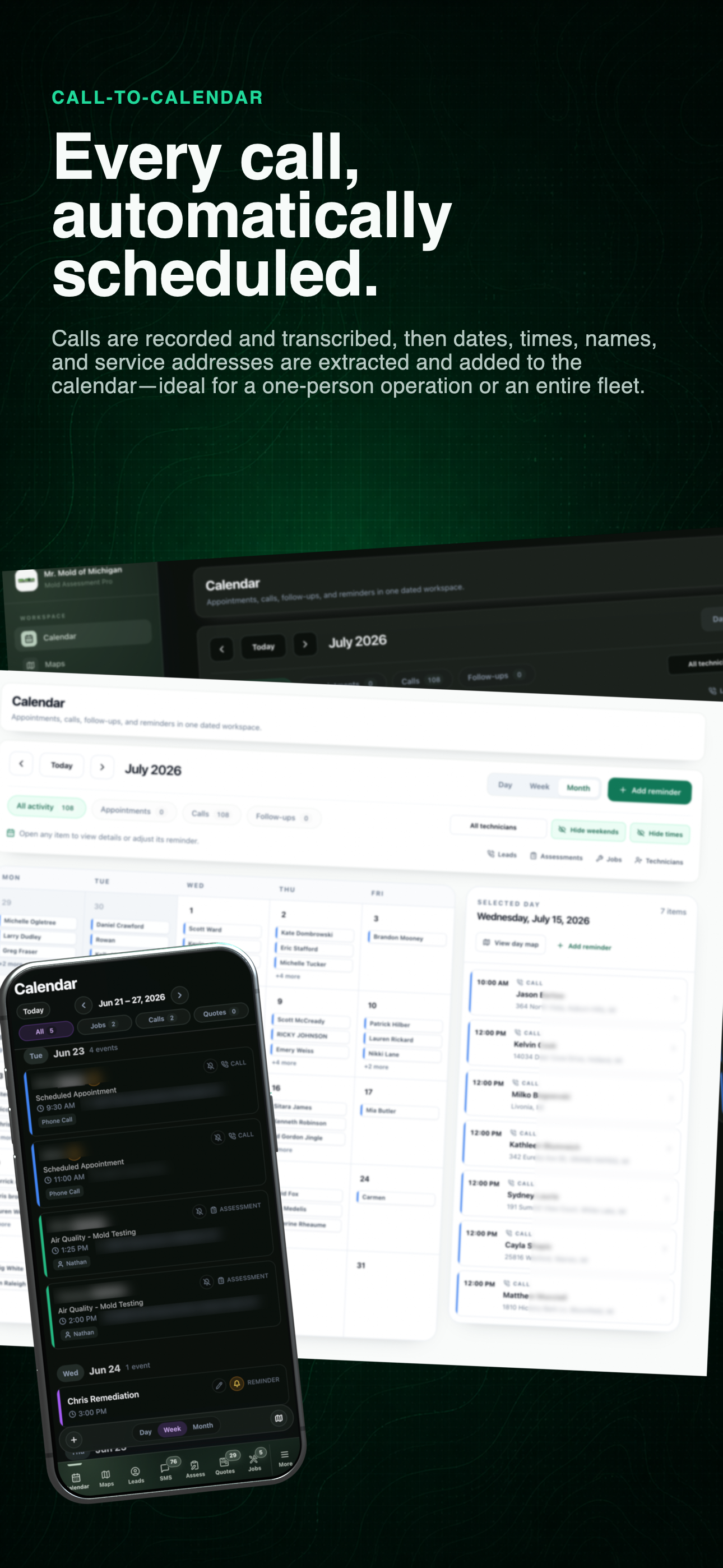 Calendar workflow shown across current desktop and mobile views