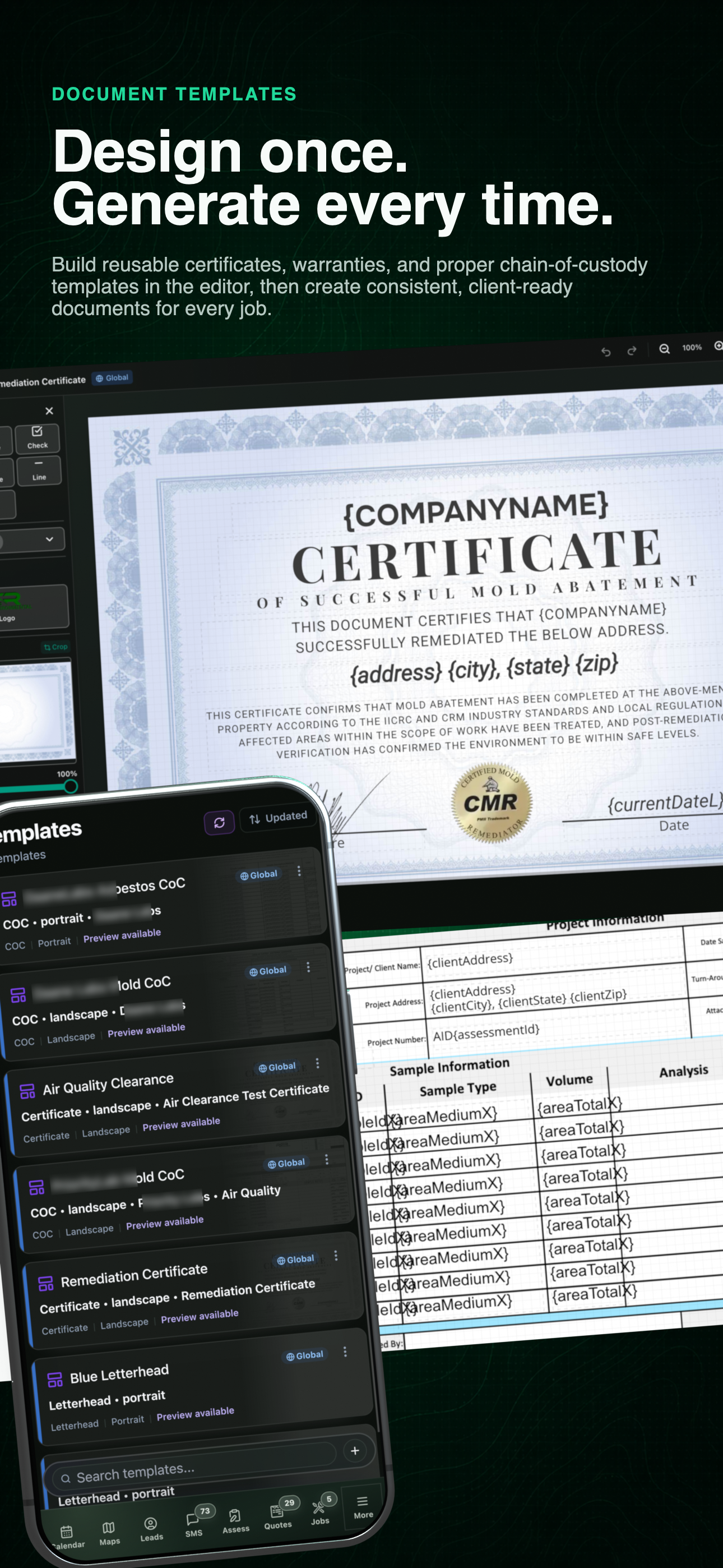 Document template workflow showing a certificate, desktop editors, and current mobile editor