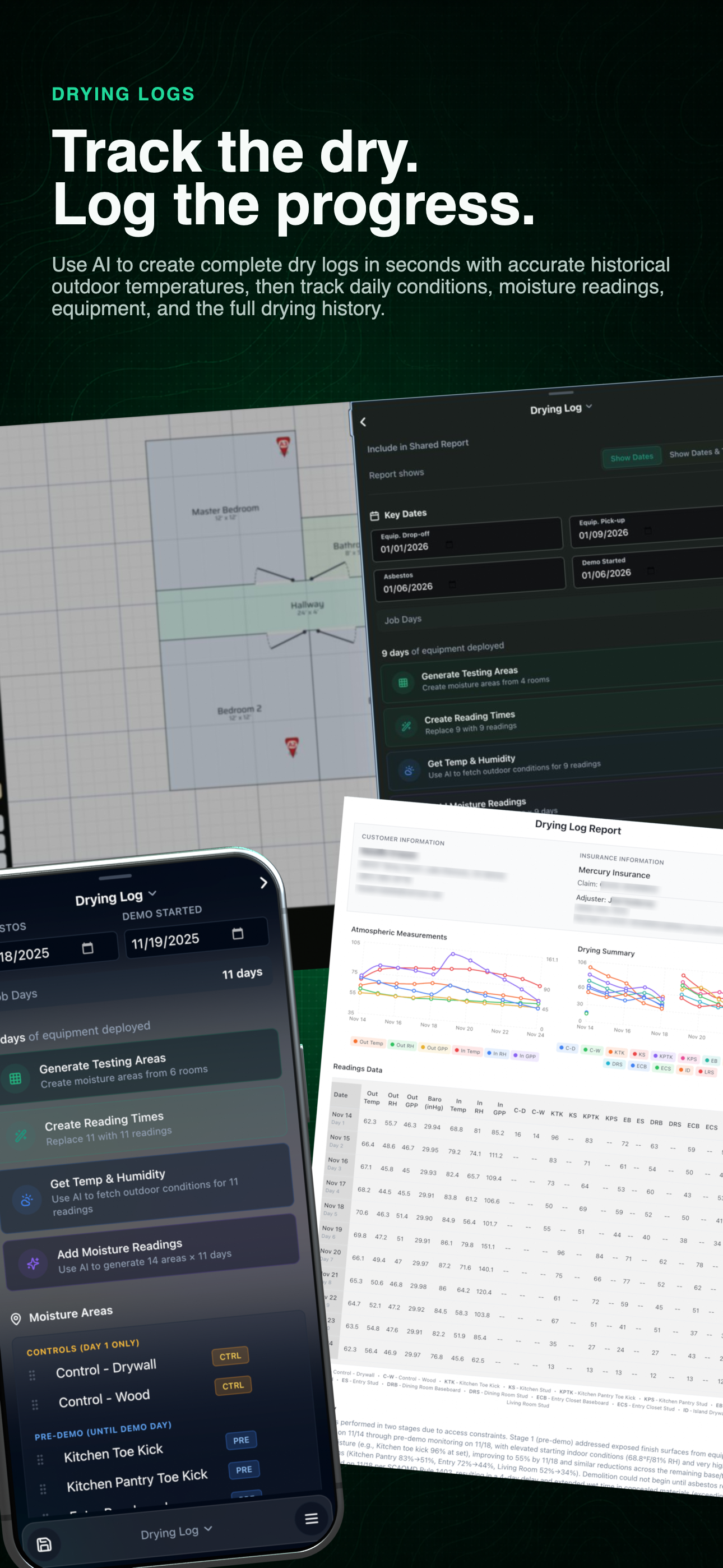 Drying-log workflow combining key dates, moisture areas, daily readings, and mobile progress charts
