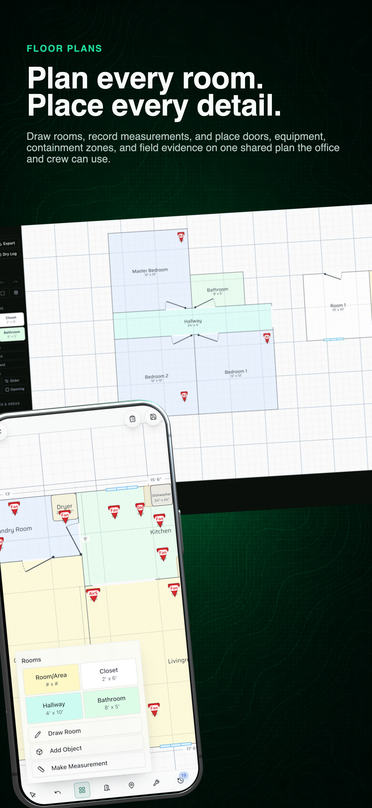 Restoration floor-plan workflow combining the current desktop editor with the mobile field plan