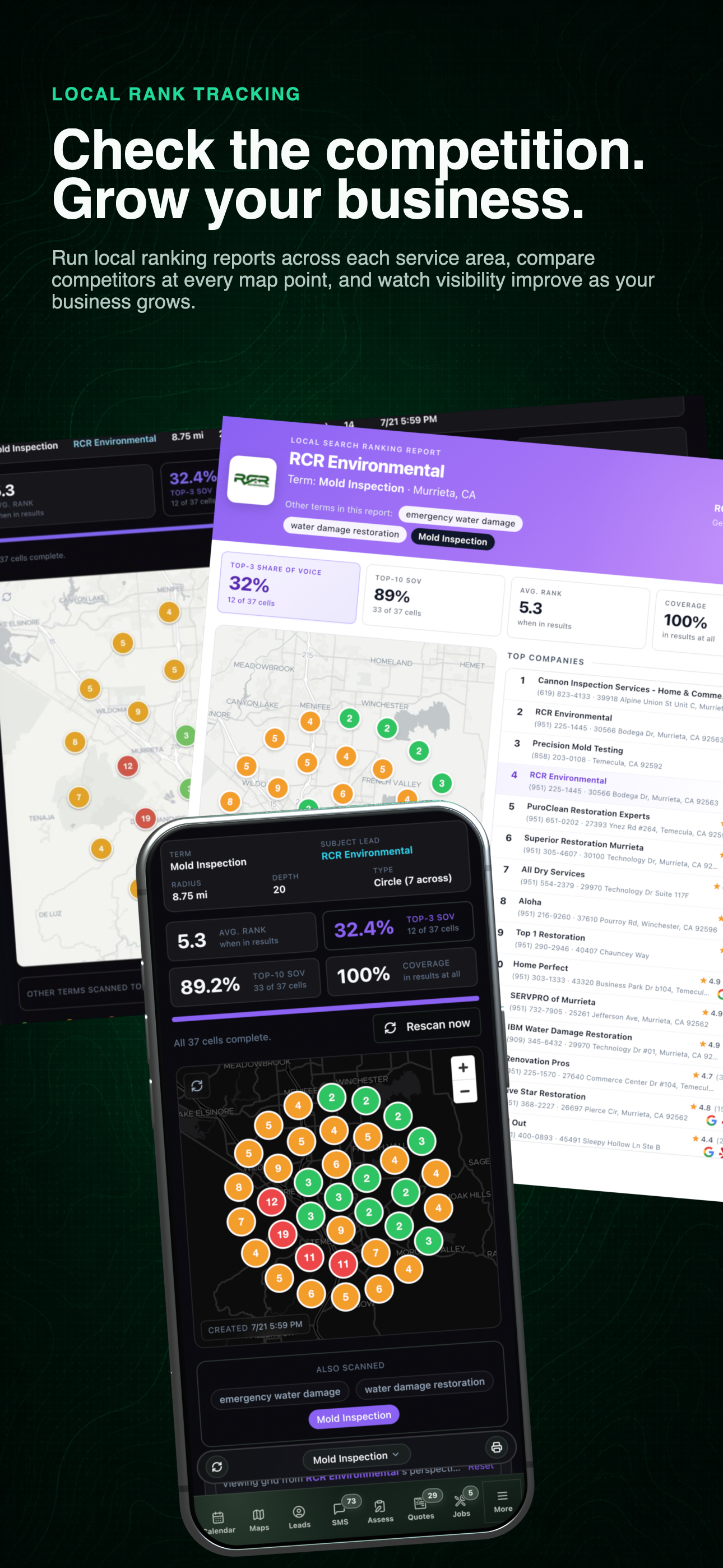Local rank tracking workflow combining the current desktop grid, printable report, and mobile map