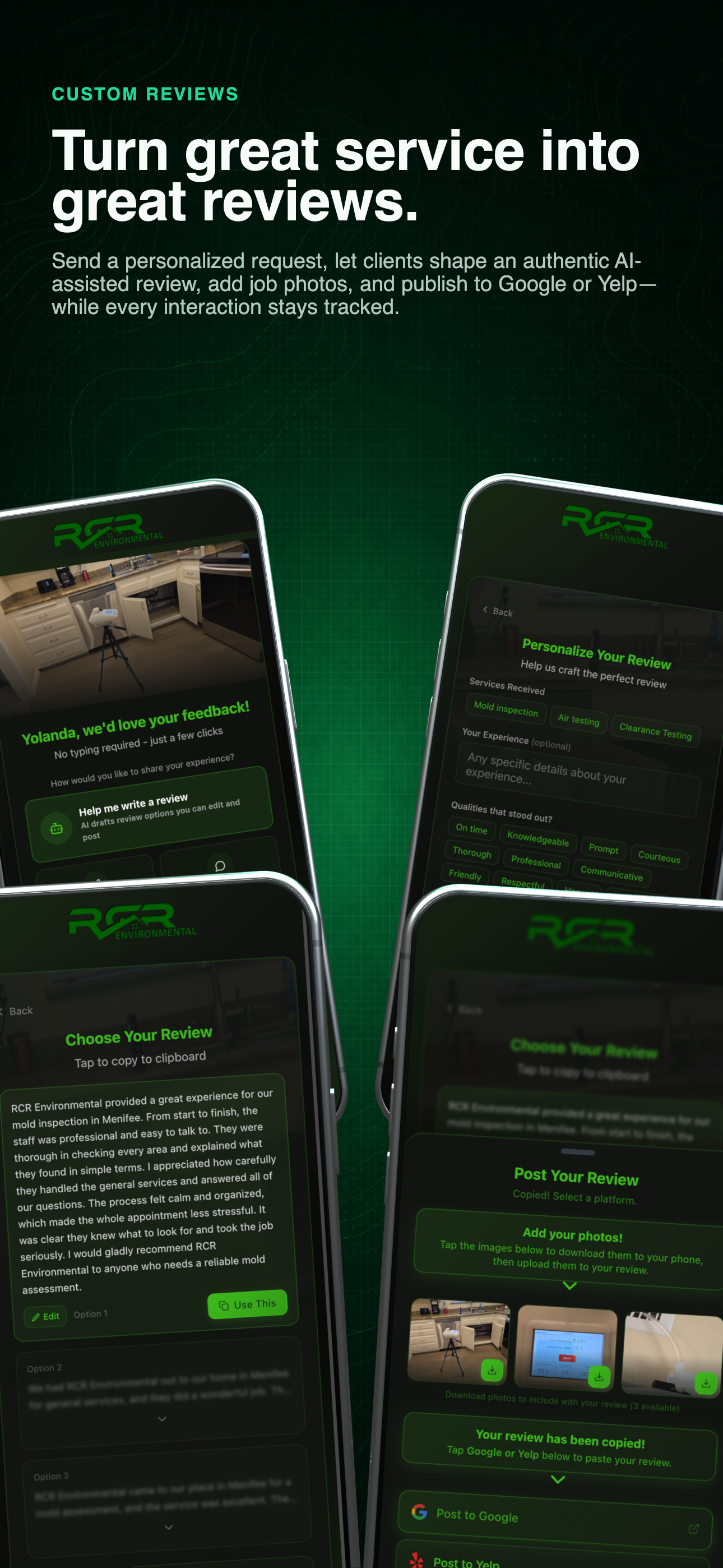Review request workflow shown across four current mobile screens