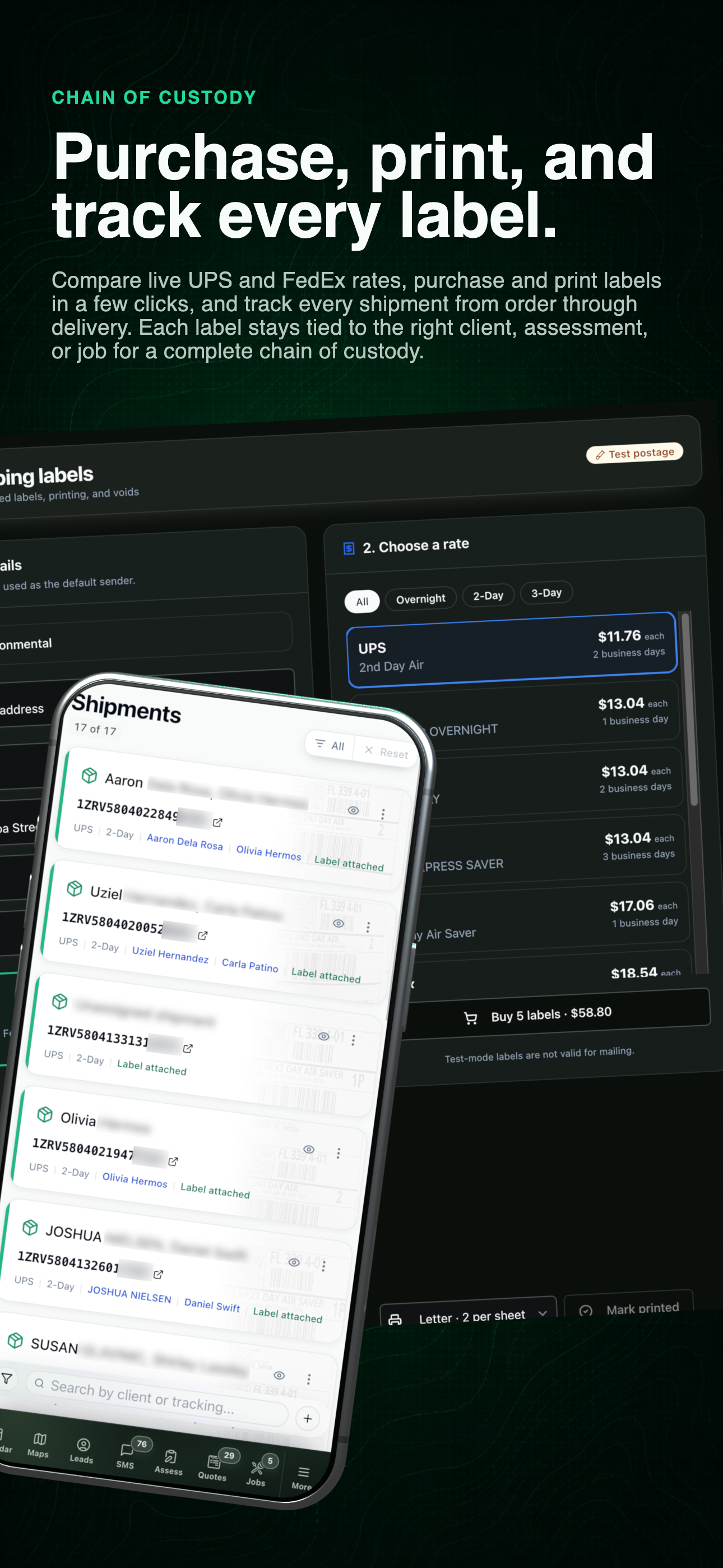 Shipping label workflow combining the current desktop purchasing view with mobile tracking