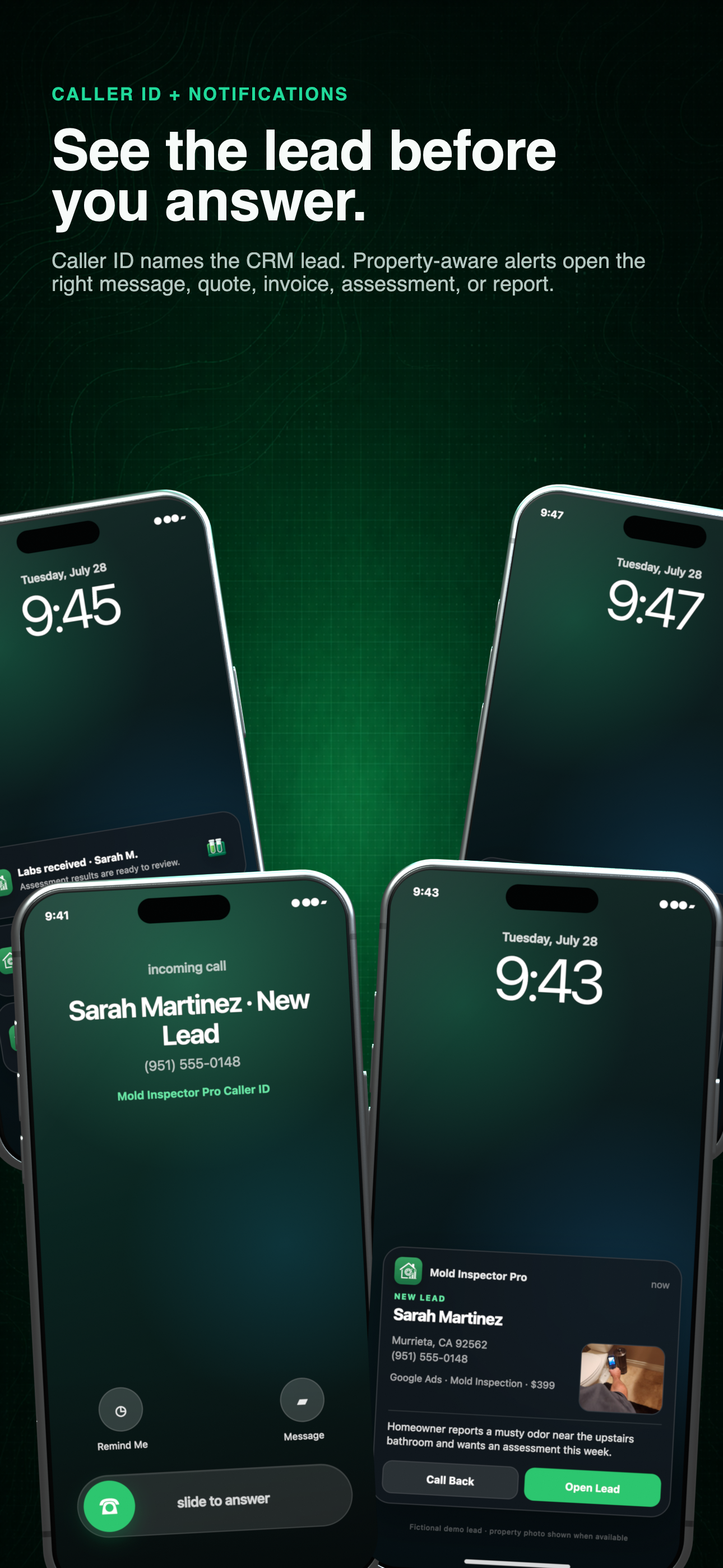 Four-screen Mold Inspector Pro presentation showing an identified incoming call, a property-aware lead alert, stacked operational alerts, and a report alert