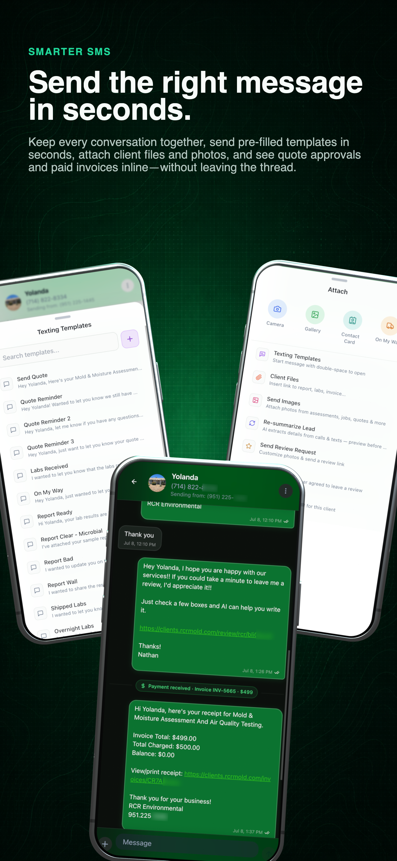 SMS workflow showing connected conversations, quick templates, and message actions across mobile screens