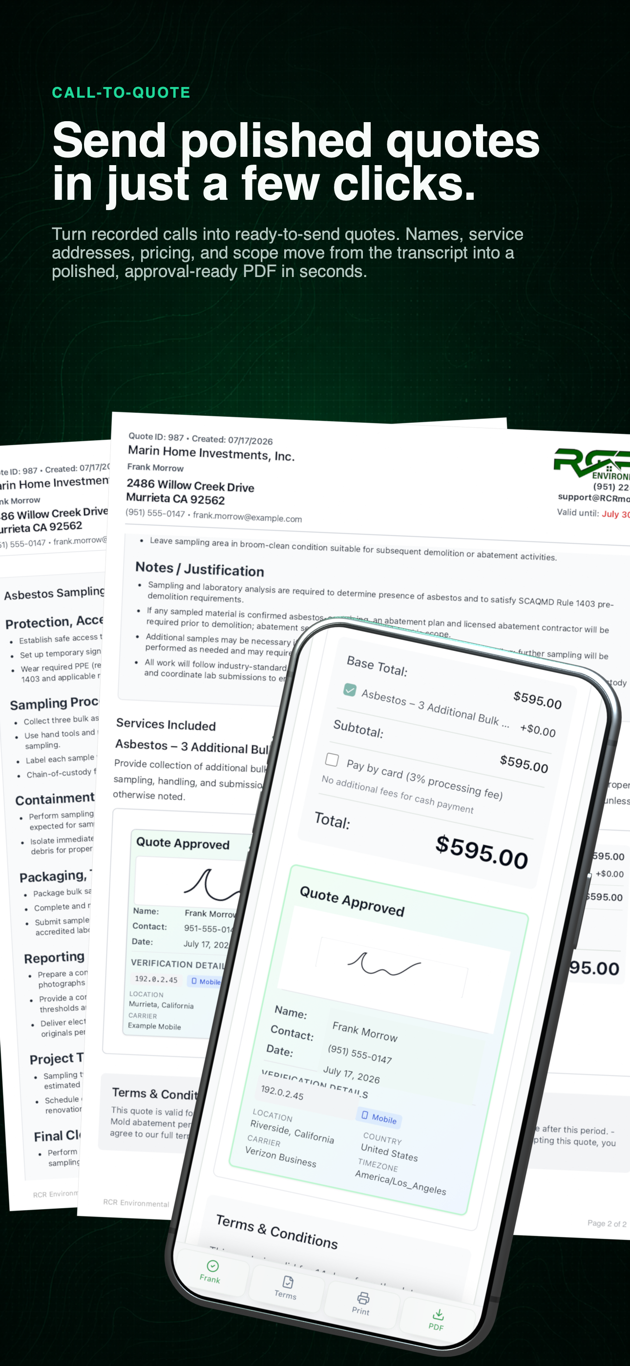 Call-to-quote workflow combining a mobile approved quote with its polished printable pages
