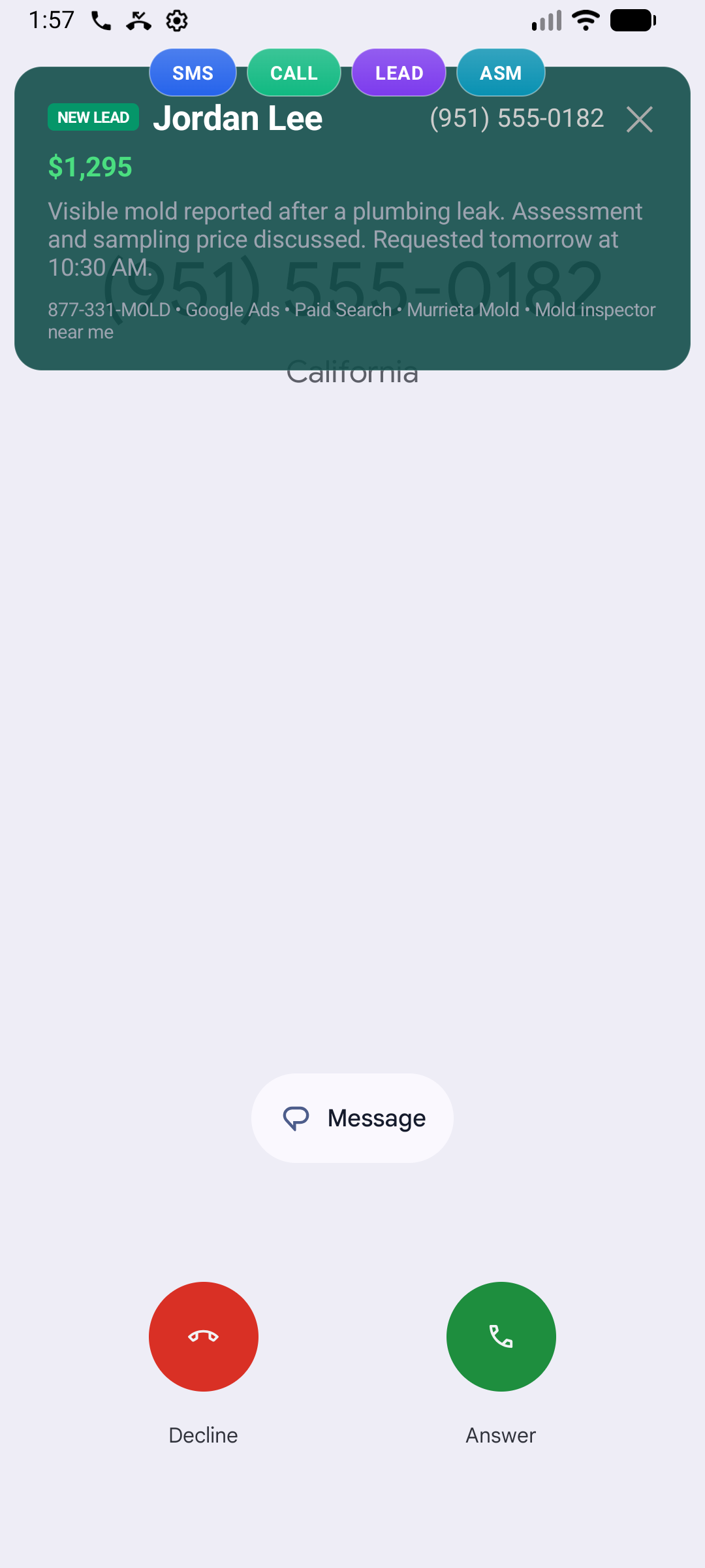 Android incoming call with the native answer and decline controls visible below an expanded Mold Inspector lead alert showing price, summary, source, campaign, keyword, and CRM actions