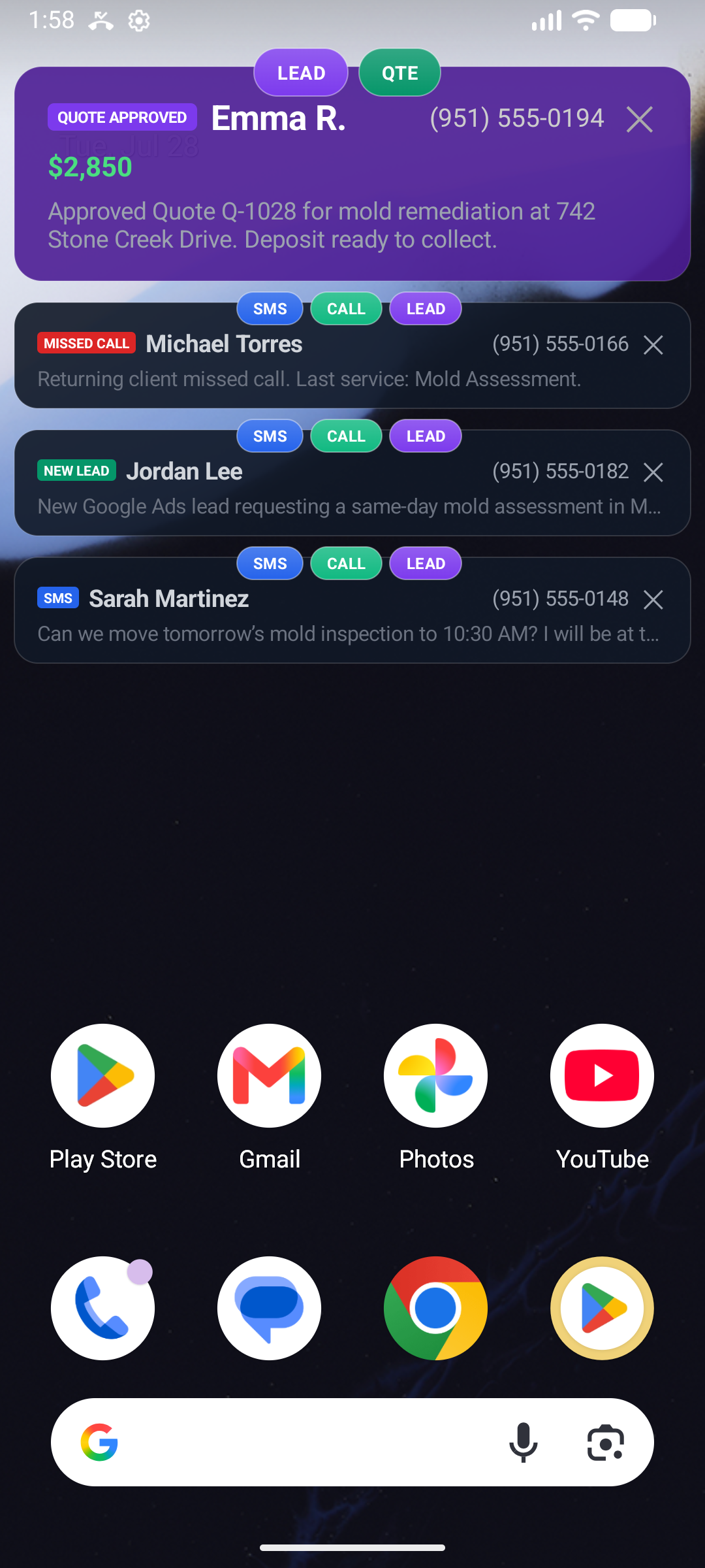 Four Android Mold Inspector overlays with a quote approval expanded above minimized missed call, new lead, and SMS alerts