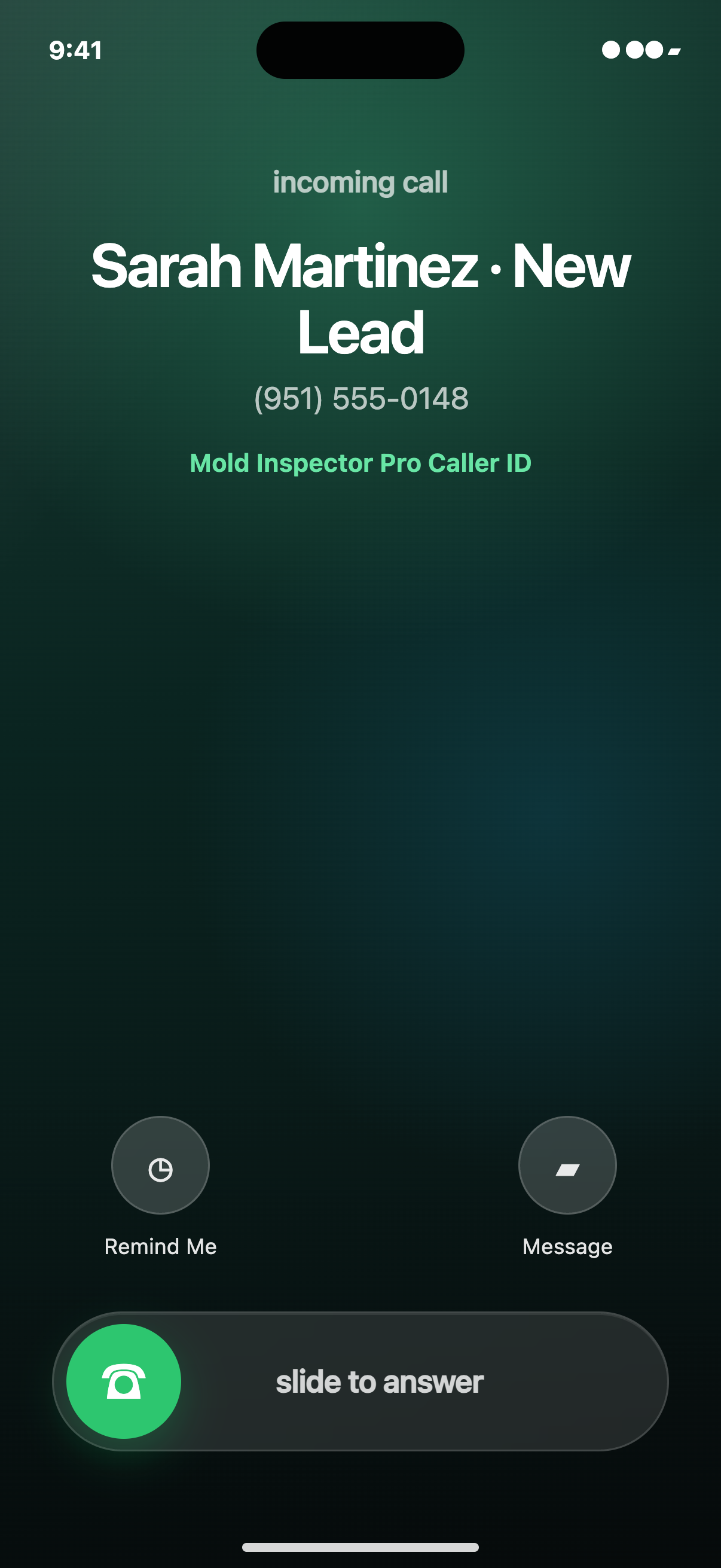 Representative locked iPhone incoming call showing a Mold Inspector Pro caller-identification label, the telephone number, and Apple’s slide-to-answer controls