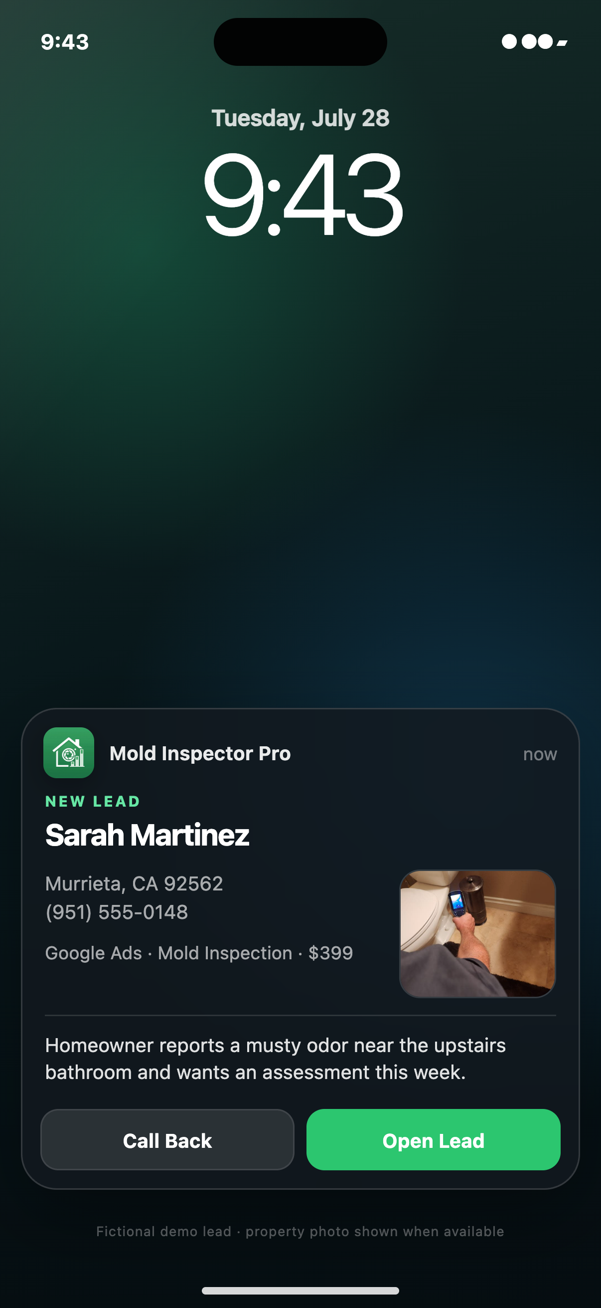 Expanded Mold Inspector Pro lead notification showing a property inspection image, lead source, summary, callback action, and open-lead action