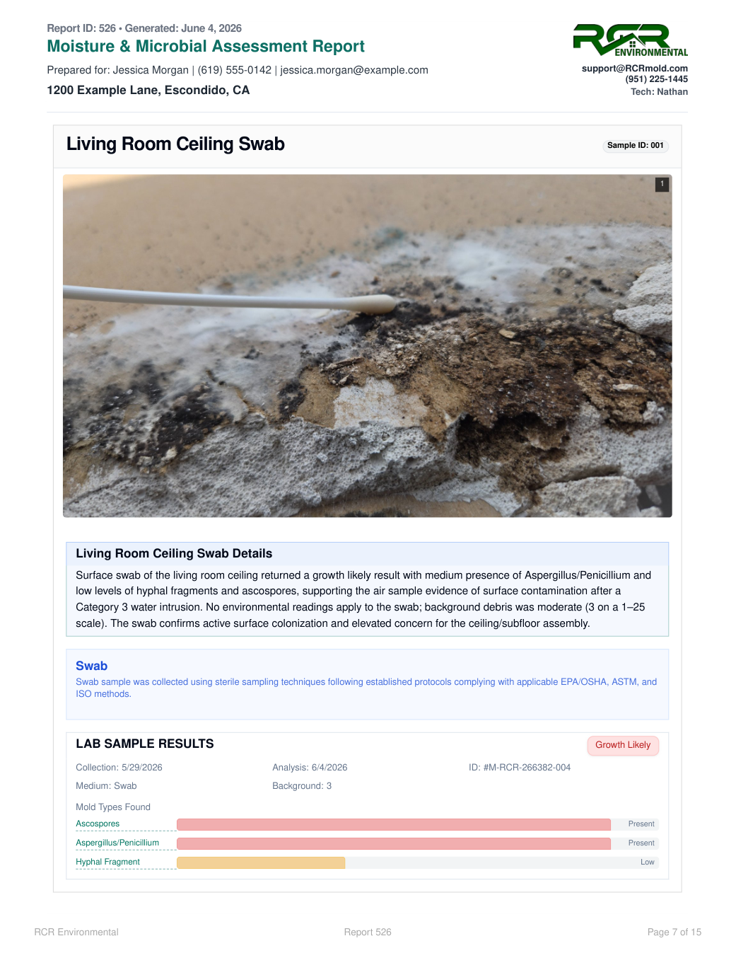 Assessment report page with a field photograph and flagged sample results, using sample client details