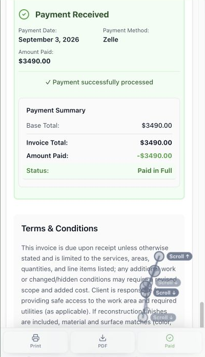 Paused mobile session showing the paid invoice and recorded scroll gestures